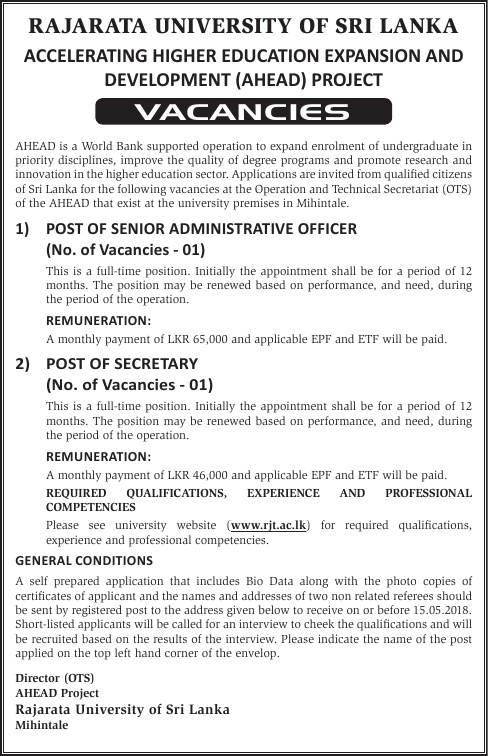 Senior Administrative Officer, Secretary - Rajarata University